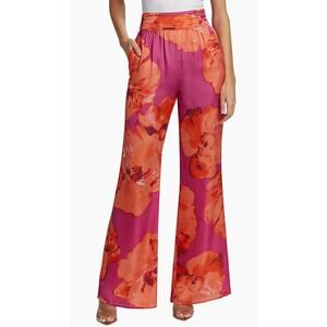 Ramy Brook Robin Floral Wide-Leg Pants Womens 2 Pink Orange High Waist Satin